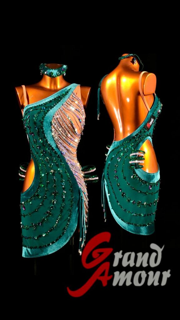 Custom Latin / Rhythm dress — turquoise asymmetric, by Grand Amour
