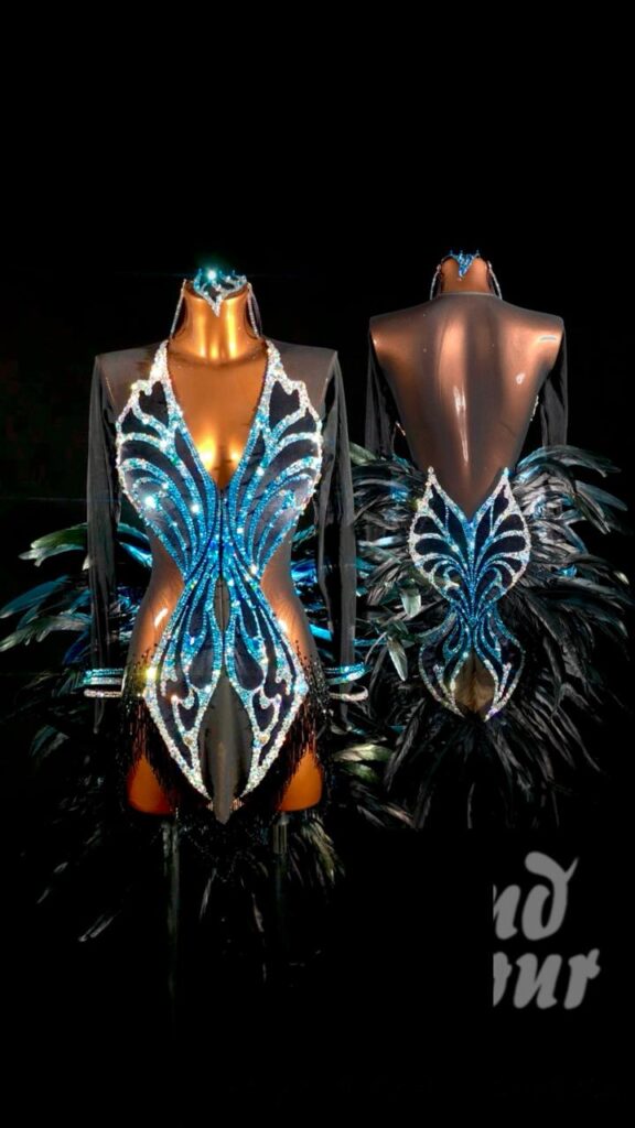 Custom Latin / Rhythm dress — black and blue with feathers, by Grand Amour
