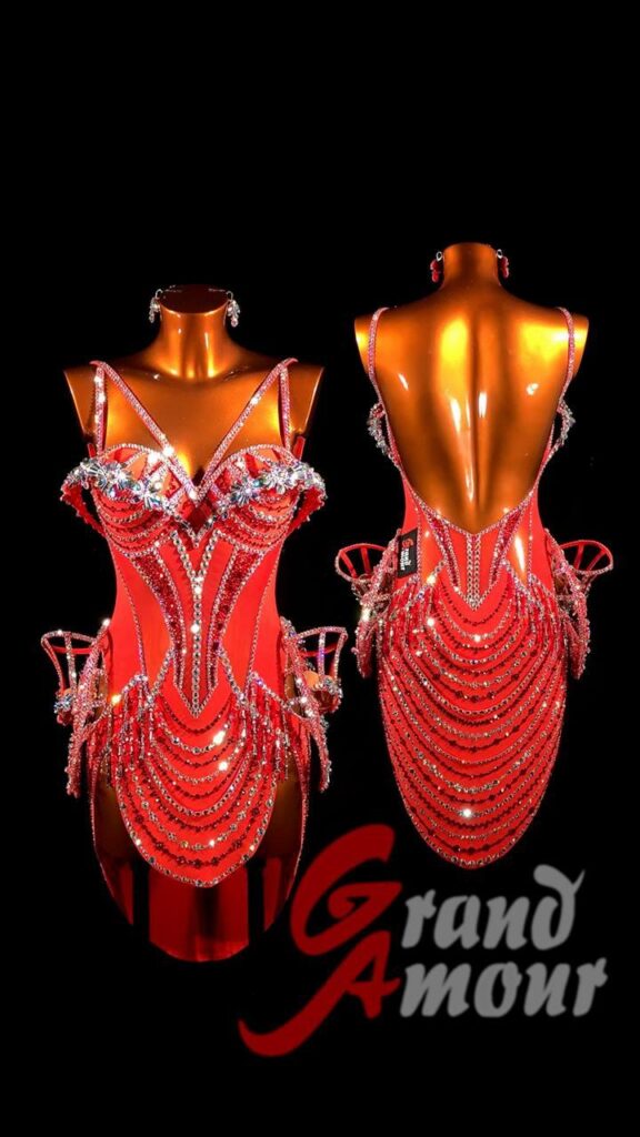 Custom Latin / Rhythm dress — red with crystal drops, by Grand Amour