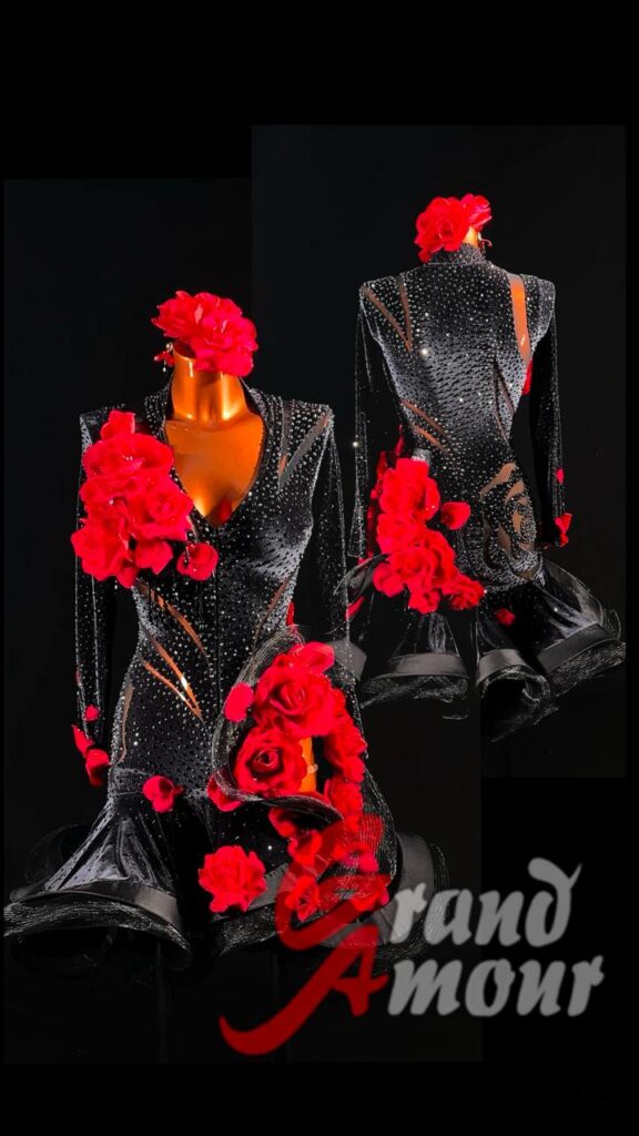 Custom Latin / Rhythm dress — black with red flowers, by Grand Amour