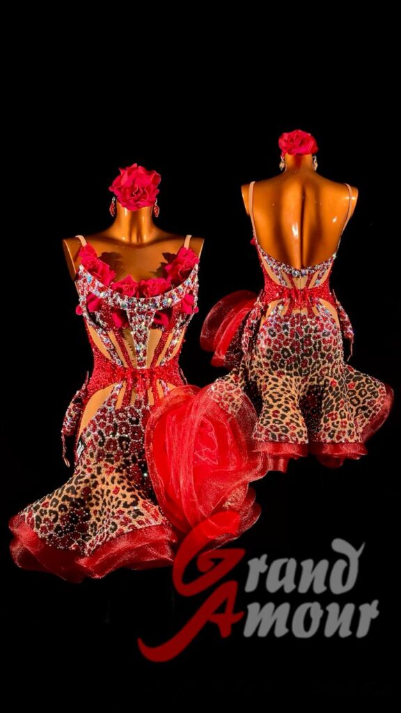 Custom Latin / Rhythm dress — leopard and red, by Grand Amour