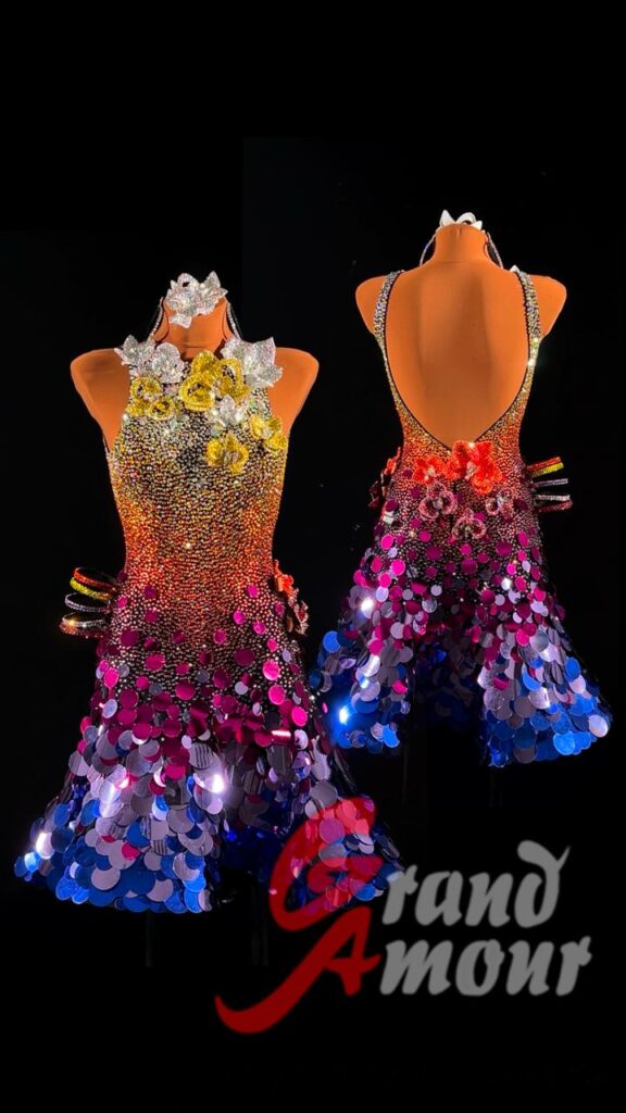 Custom Latin / Rhythm dress — purple and blue sequins, by Grand Amour