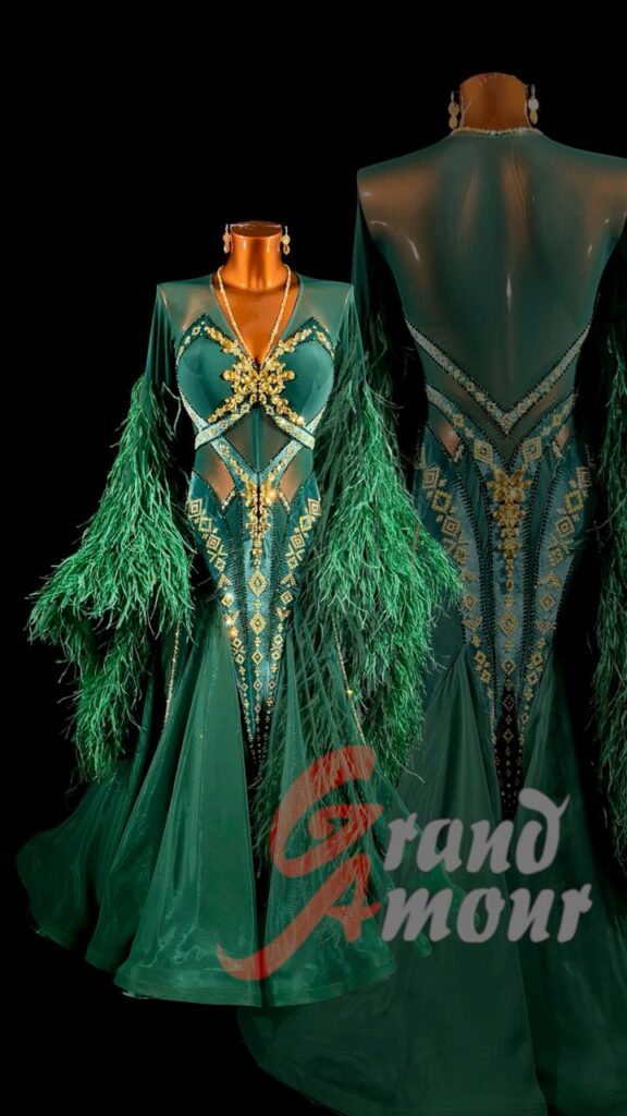Custom Ballroom (Standard) / Smooth dress — emerald with feathers, by Grand Amour