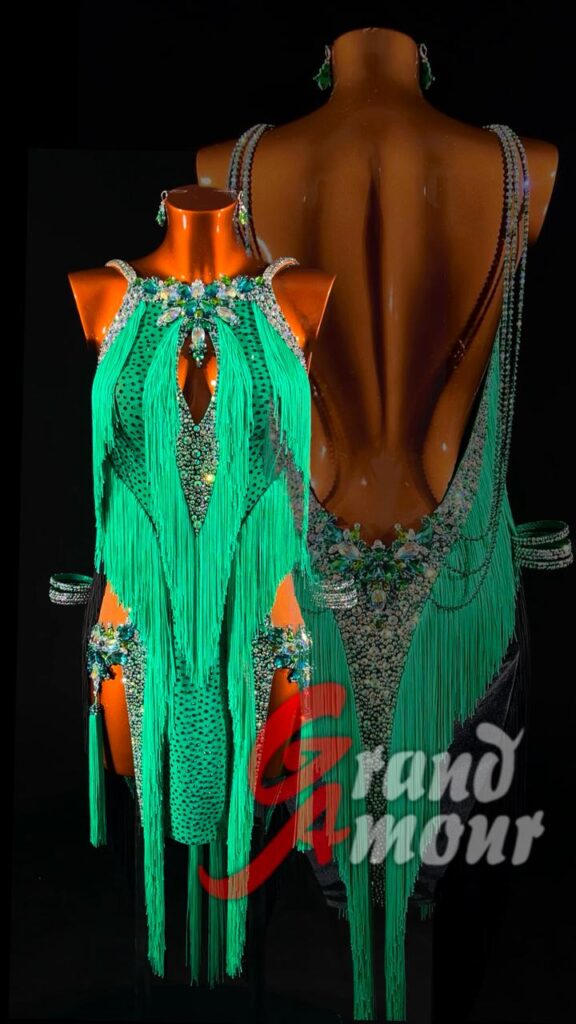 Custom Latin / Rhythm dress — green with fringe, by Grand Amour