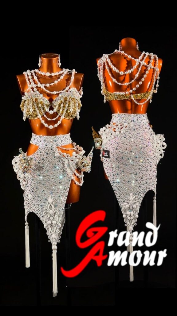 Custom Latin / Rhythm dress — white with pearls, by Grand Amour
