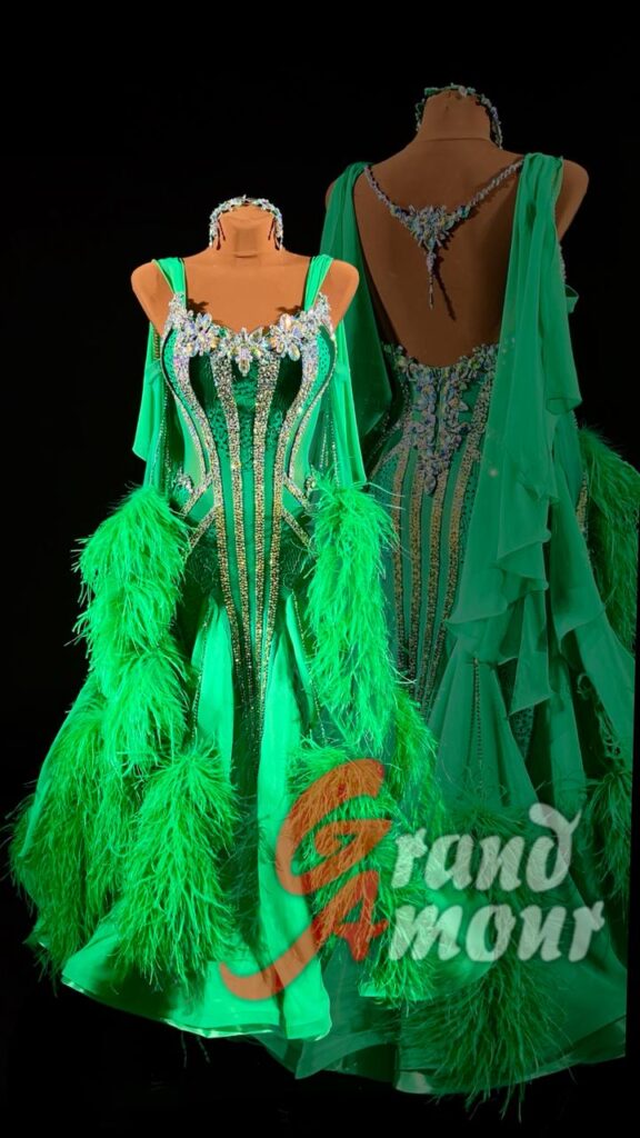 Custom Ballroom (Standard) dress — green with feathers, by Grand Amour