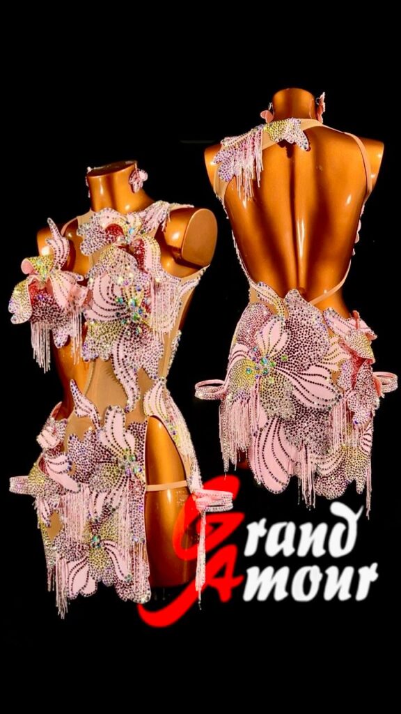 Custom Latin / Rhythm dress — pink with flowers, by Grand Amour