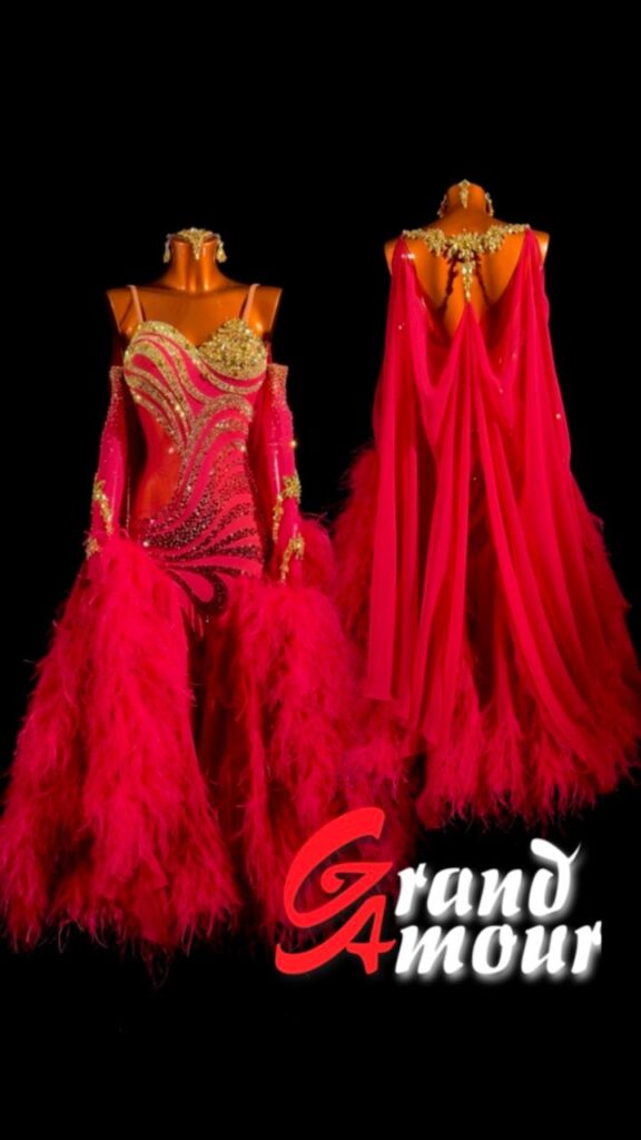 Custom Ballroom (Standard) / Smooth dress — red with feathers, by Grand Amour