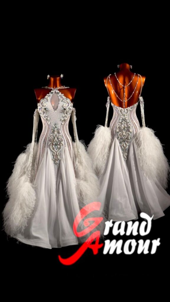 Custom Ballroom (Standard) dress — white with feather skirt, by Grand Amour