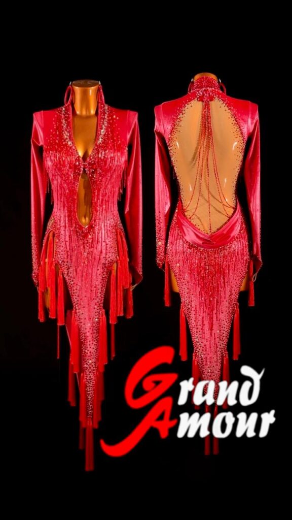 Custom Smooth / Latin dress — red with fringe, floor length, by Grand Amour