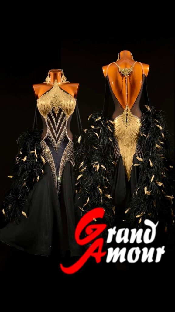 Custom Ballroom (Standard) / Smooth dress — black and gold with feathers, by Grand Amour