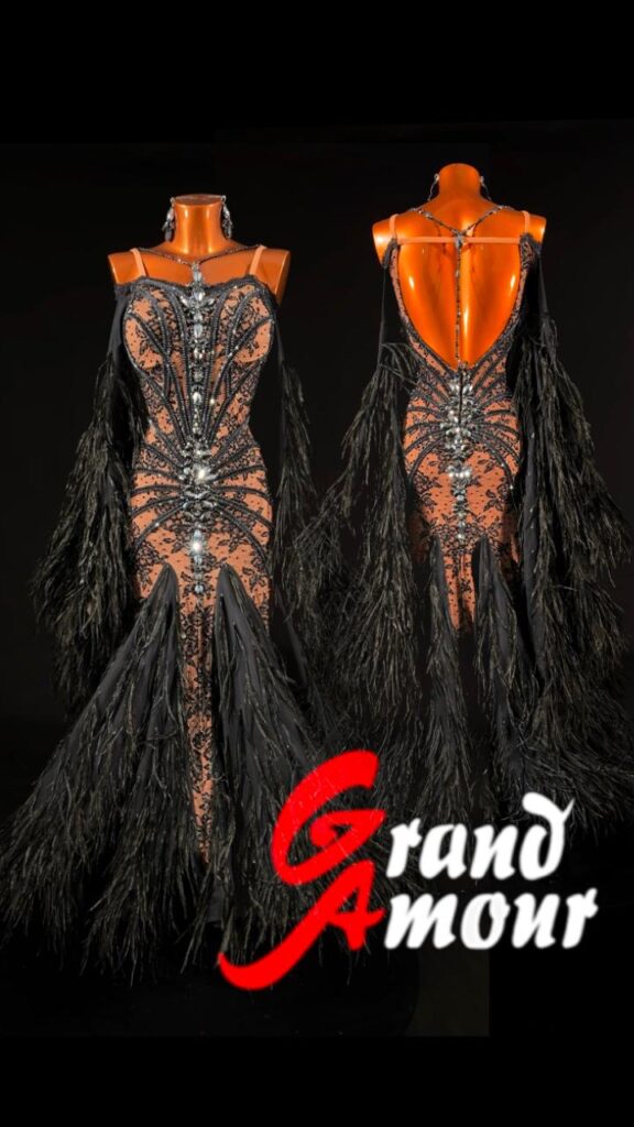 Custom Ballroom (Standard) dress — black feathers, by Grand Amour