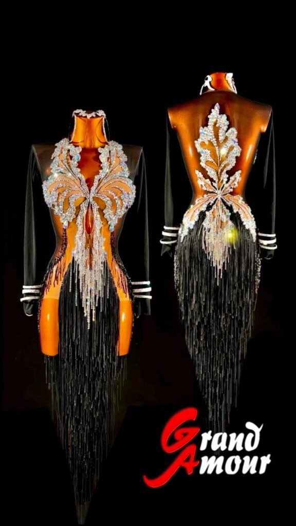 Custom Latin / Rhythm dress — black with fringe, by Grand Amour