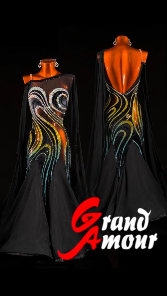 Custom Ballroom (Standard) dress — black with gold pattern, by Grand Amour