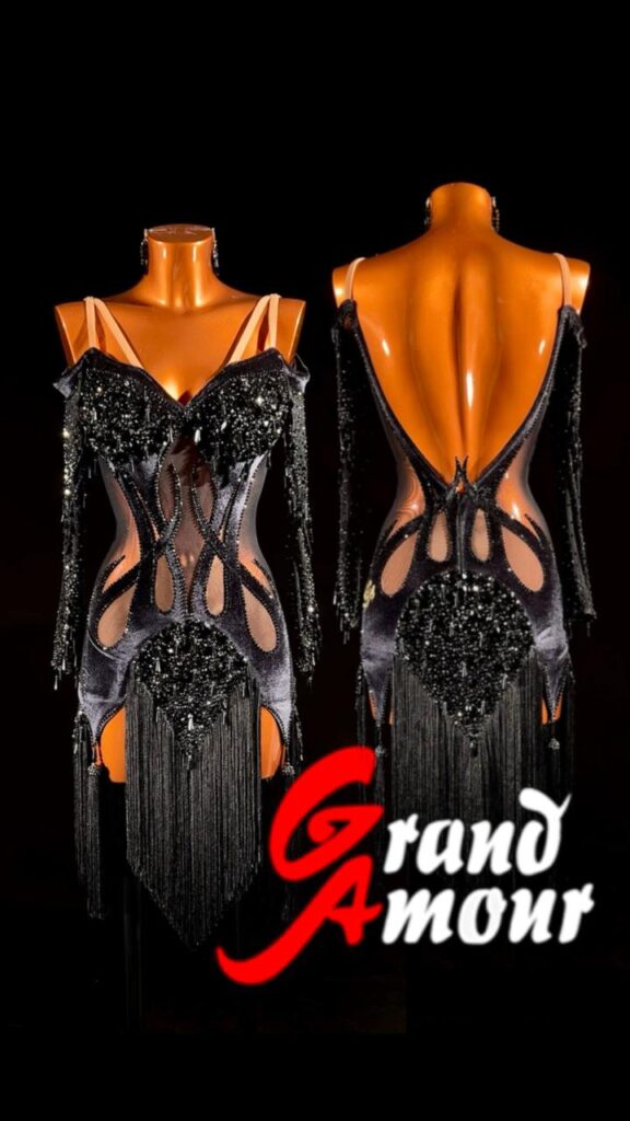 Custom Latin / Rhythm dress — black crystals, by Grand Amour