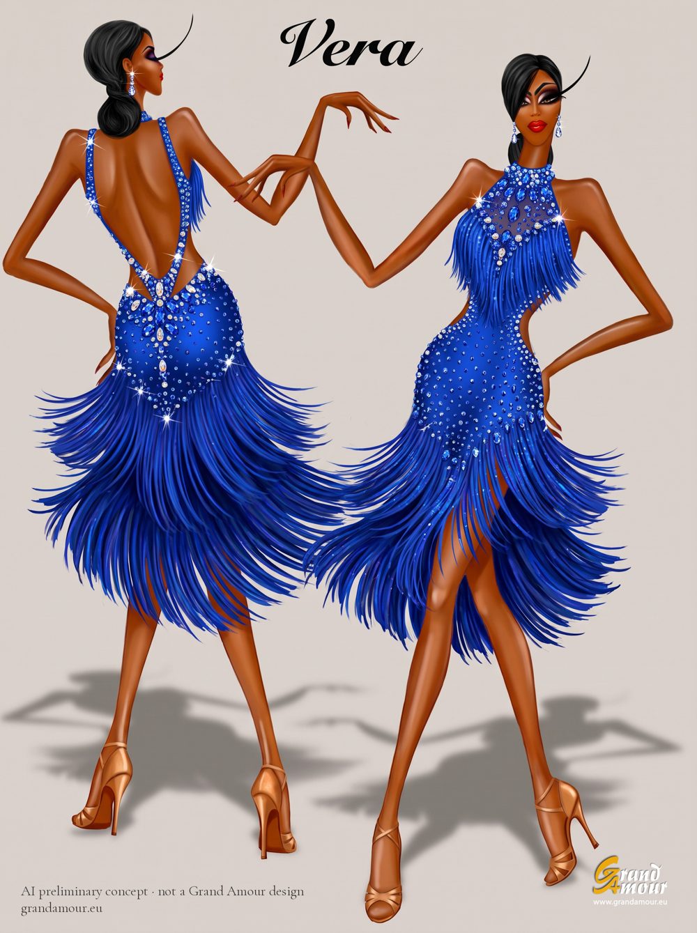 AI sketch of a royal blue Latin dance dress with fringe skirt and halter neckline, front and back view