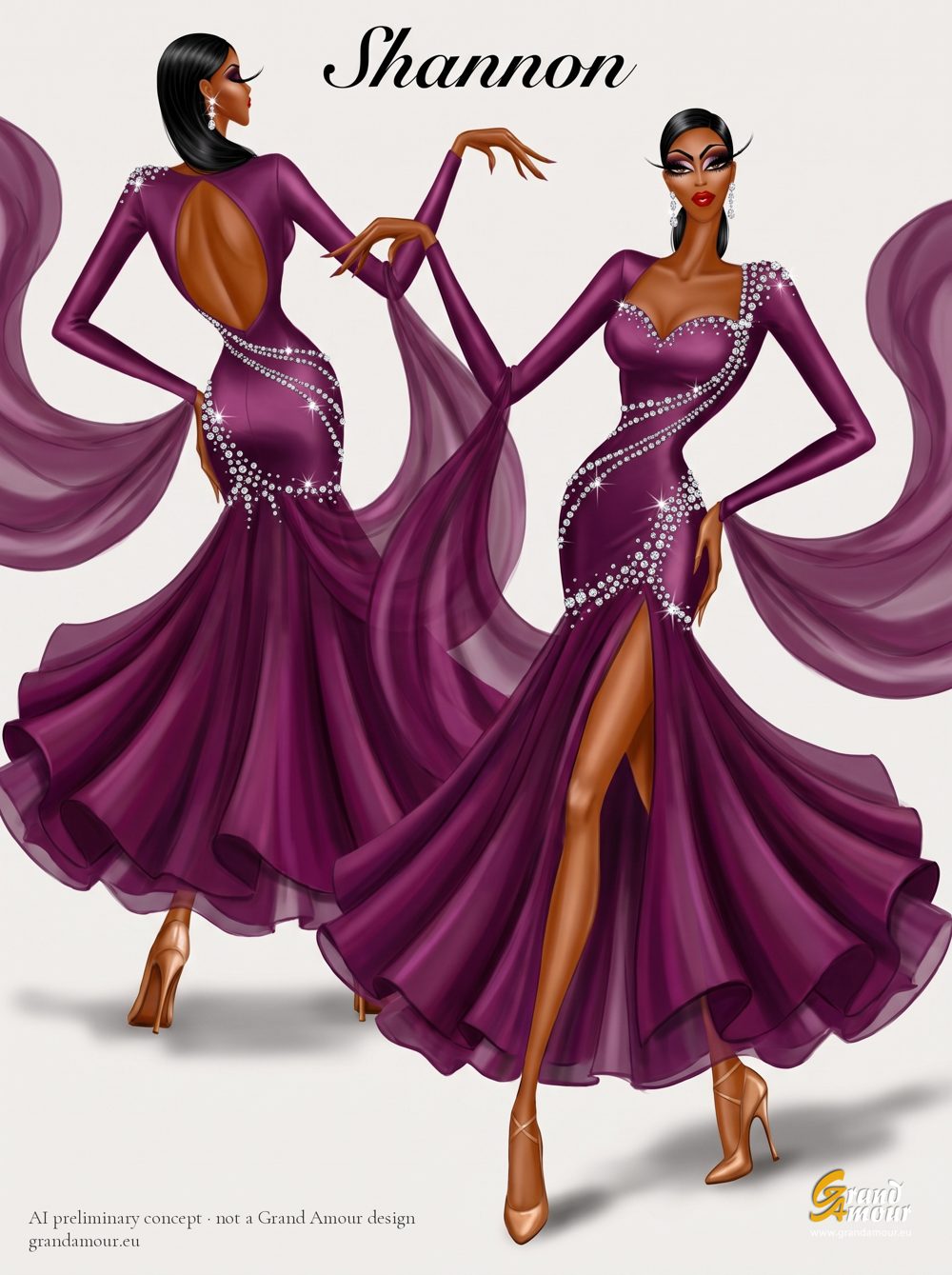 AI sketch of a plum Smooth dance dress with a side slit, crystals and fabric floats