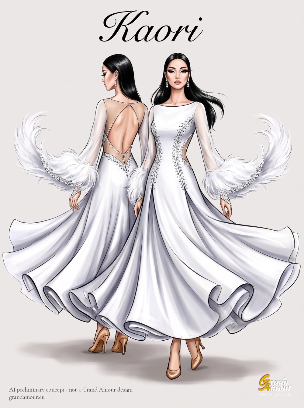 AI sketch of a white Standard ballroom dress with feather floats and long sheer sleeves